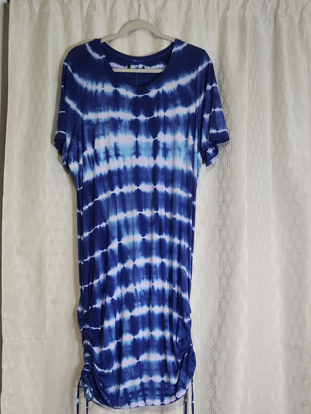 Blue Tie-Dye Midi Dress with Side Ruched Detail